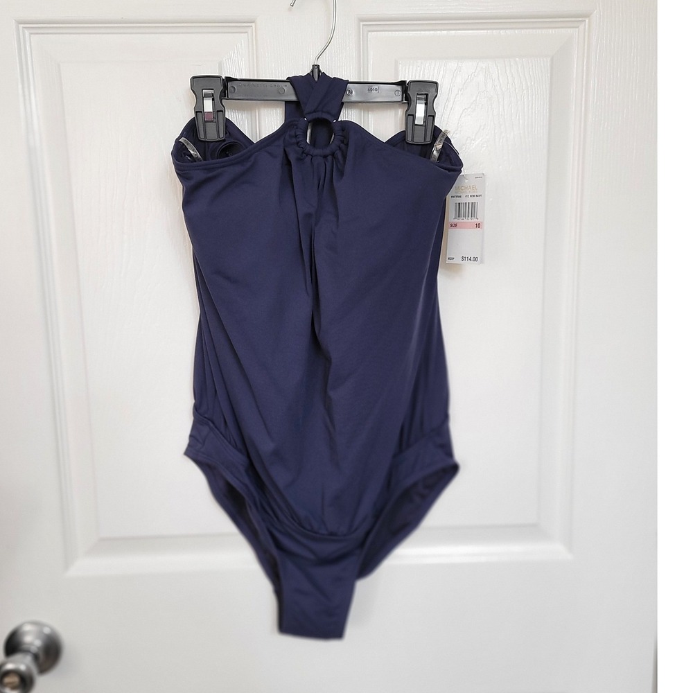 Michael Kors Womens Halter One Piece Swimsuit‎ Navy Blue Ring Detail Size 10